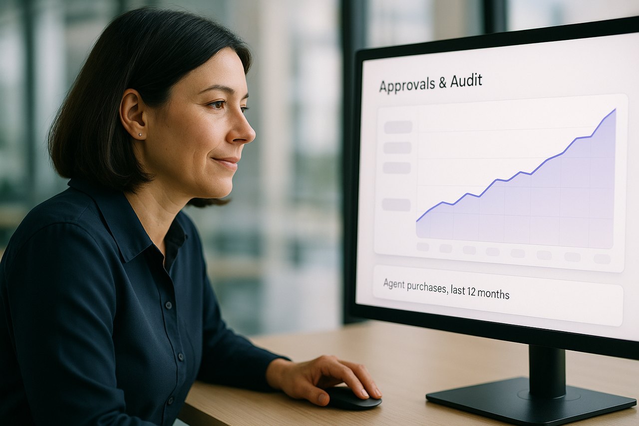 A finance lead reviewing an approvals and audit dashboard of agent-initiated purchases