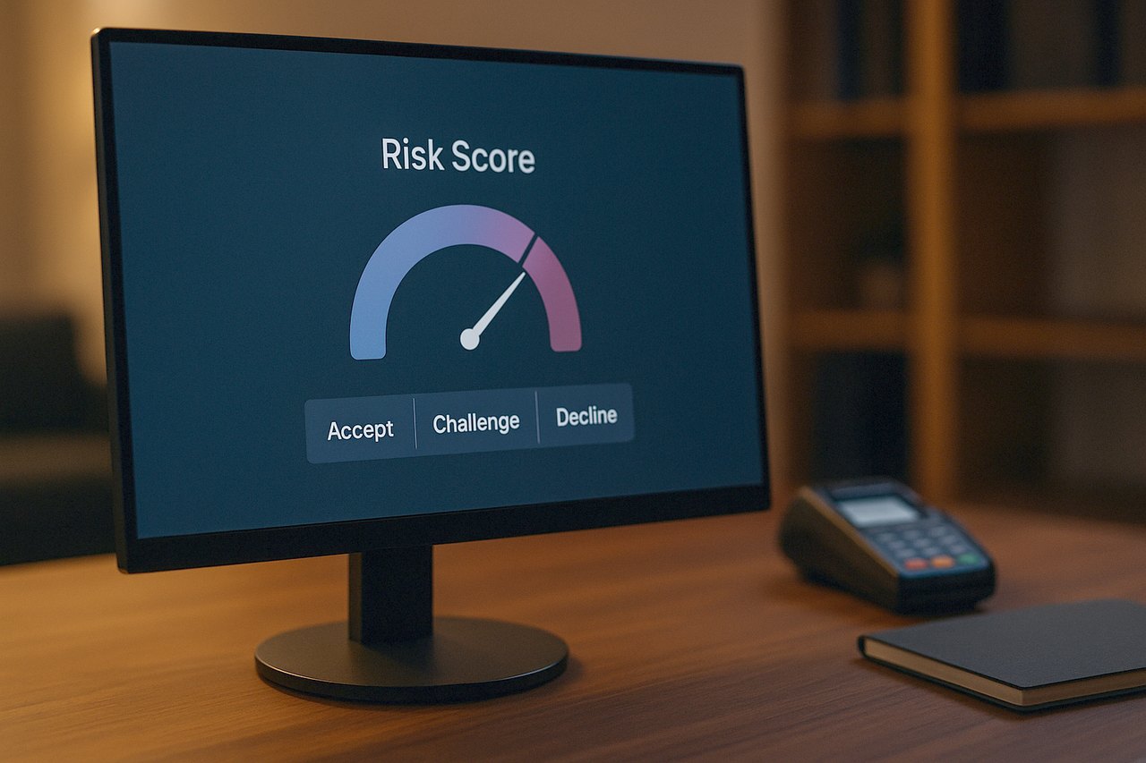 A fraud-screening dashboard returning a risk score with accept, challenge and decline outcomes