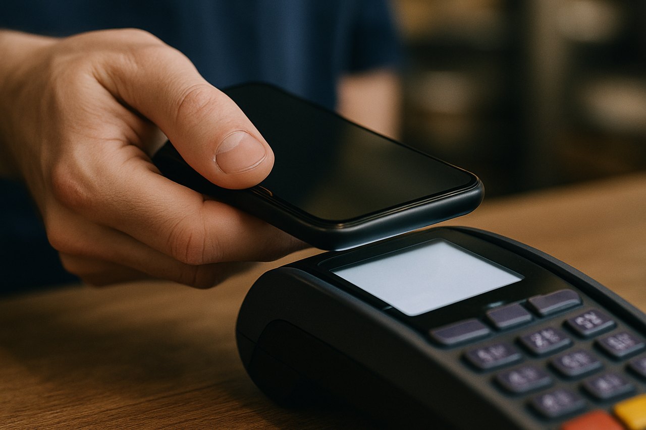 A phone being tapped on a contactless terminal